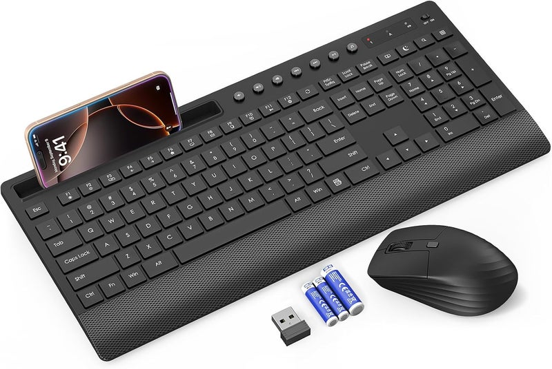 Trueque Wireless Keyboard and Mouse Combo - Full-Size Quiet Keyboard with Palm Rest, Phone Holder, Multimedia Keys, Power Switch, Compatible with Windows, Chrome OS, PC, Laptop (Batteries Included) - Image 1